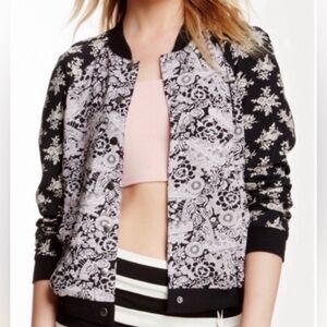 Free People Floral Bomber Jacket Women's M Black Lilac Boho Snaps Soft